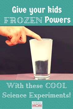 a hand pointing at a glass with ice in it and the words, give your kids frozen