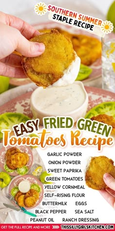 an advertisement for fried green tomatoes recipe on a plate with dipping sauce in the middle