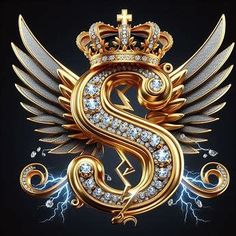 the letter s with wings and a crown on top is surrounded by diamonds in front of a black background