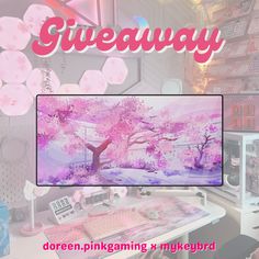 a computer screen with the words giveaway on it and a pink cherry blossom tree