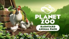 an image of a group of chickens in the grass with text planet zoo barnyard animal pack