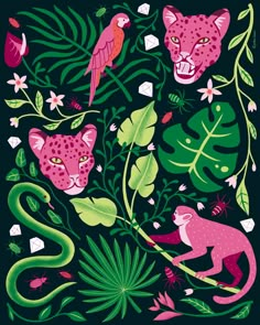 an image of some animals and plants on a black background with pink, green, and yellow colors