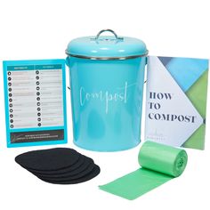 a blue composting kit with instructions and papers