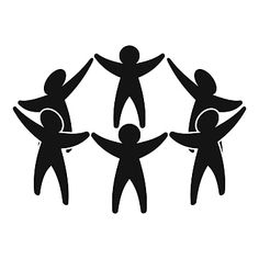 four people are standing together with their arms in the air