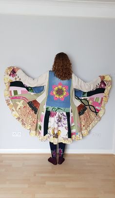 "SIMILAR COAT CAN BE MADE IN ANY SIZE- PLEASE MESSAGE ME FOR DETAILS.  One of a kind plus size upcycled duster coat  jacket. It is made of denim jacket ( middle) , beige jacket (sleeves) and odd colourful fabrics.  Decorated with  handmade crochet embellishment. There is no closure at the front. Size - M - L Measurements : bust - 42 length - 42\" Please follow me on facebook to be up-to-date with my new designs  https://www.facebook.com/BosaHandmade-Clothing-110481180427764 There is a lot of out Multicolor Long Coat With Patchwork, Spring Long Coat With Patchwork, Spring Long Coat Outerwear With Patchwork, Fitted Long Patchwork Coat, Fitted Patchwork Long Coat, Spring Lagenlook Outerwear With Patchwork, Long Cotton Patchwork Outerwear, Boho Jackets For Women, Sweatshirt Jackets Patterns