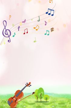 a violin and musical notes flying in the air over a green field with trees on it