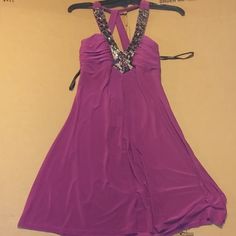 Nwt. Very Pretty Halter Dress From Auw. Measures 15.5" Across L16 Stretch Lined Midi Dress For Party, Formal Halter Neck Lined Dress, Purple Stretch Halter Neck Dress, Spring Halter Party Dress Lined, Spring Party Halter Dress Lined, Lined Summer Dress For Dinner, Summer Lined Dress For Dinner, Spring Party Lined Halter Dress, Purple Halter Neck Prom Dress