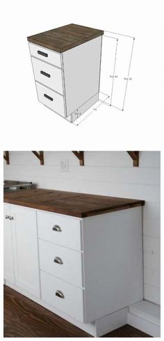 an image of a white cabinet with wood top and bottom section showing the measurements for it