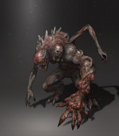 an alien creature with sharp claws and blood on its body, standing in the dark