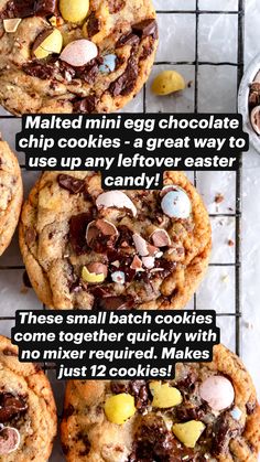 chocolate chip cookies with easter eggs on top and an egg in the middle are shown