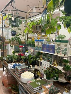 a room filled with lots of different types of plants and books on the shelves next to each other