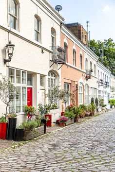 a cobblestone street lined with row houses and potted plants on either side