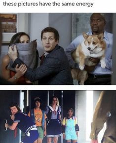 two pictures with people holding small dogs and one has a dog in his arms while the other