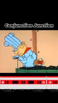 a cartoon character is standing in front of a television screen with the caption conjunction junction