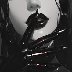 a woman with black hair and nails on her face, holding scissors to her mouth