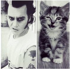 the two pictures show a man with tattoos and a cat on his arm, both looking at the camera