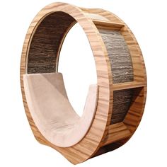 a wooden sculpture with a curved section on the outside and wood in the inside, along with a white background