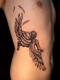 Icarus tattoo black and grey. Coinciding Tattoos, Icarus Tattoo Traditional, Icarus Tattoo Thigh, Icarus Tattoo Back, Daedalus And Icarus Tattoo, Icarus Leg Tattoo, Fall Of Icarus Tattoo Design, Fall Of Lucifer Tattoo, Paradoxical Tattoo