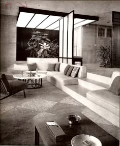 a living room filled with lots of furniture next to a tall plant in the corner