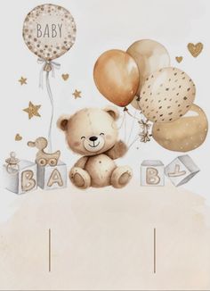 a baby shower with balloons and a teddy bear