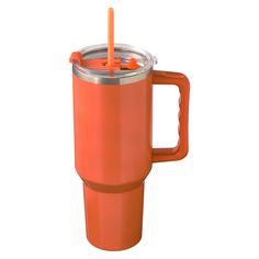 an orange travel mug with a straw sticking out of it