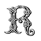 the letter r in celtic style with an ornament pattern on it's side