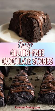 chocolate brownies on a plate with the text easy gluten - free chocolate scones