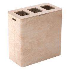 a wooden box with three compartments on the front and sides, in light wood finish