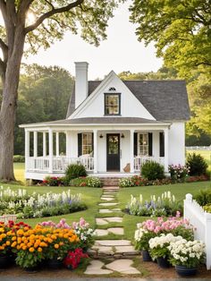 a white house with flowers in the front yard and walkway leading to the front door