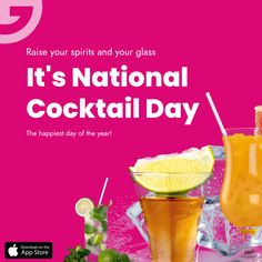 an advertisement for national cocktail day with two glasses and limes on the side,