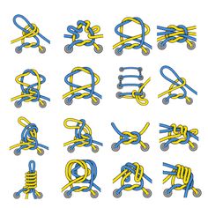 a set of different types of rope on wheels, all in blue and yellow colors