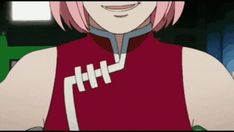 an anime character with pink hair wearing a red shirt