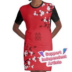 Loose and casual fit jersey t-shirt dress. Printed polyester blend front panel, solid color 100% cotton back/sleeves/rib. Size range XS-2XL. White Oriental Cherry Blossoms on Red and Chinese Wedding Double Happiness | Japanese Sakura © fatfatin | This is an original artwork designed by fat*fa*tin | *Please take note that any design which is identical to mine selling on Redbubble is being used without my permission. | The 'double happiness' is an auspicious traditional symbol used in all chinese Japanese Sakura, White Cherry Blossom, Double Happiness, Composition Design, Chinese Wedding, Red Background, Cherry Blossoms, Artwork Design