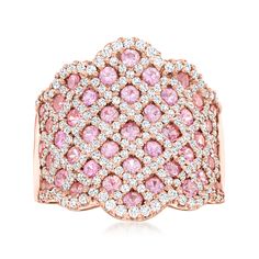 Ross-Simons - 1.70ct t. w. Pink Sapphire, .95ct t. w. Diamond Ring in Gold. Size 8. An absolute stunner from end to end! In a glamorous lattice-style design, this exquisite ring impresses with 1.70 ct. t. w. round pink sapphires and .95 ct. t. w. round brilliant-cut diamonds in polished 14kt rose gold. 3/4" wide. Diamond and pink sapphire ring. Pink Sapphire Diamond Ring, Pink Diamond Engagement Ring, Levian Jewelry, Pink Diamond Ring, Pink Sapphire Ring, Sapphire Color, Natural Gold, Halo Diamond Ring, Blue Jewelry