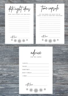 printable snowflake themed advice cards for the bride and groom