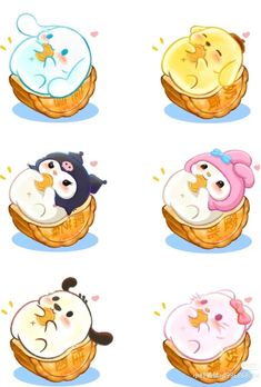 six different kinds of donuts with faces on them