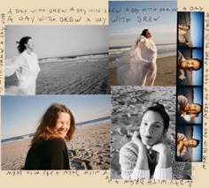 a collage of photos with women on the beach and one woman smiling at the camera