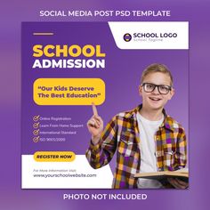 a school ad with a young boy pointing at the camera and holding a book in his hand