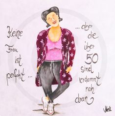 a drawing of a woman in pink shirt and black pants with words written on the wall behind her