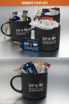 two black coffee mugs with tea bags tied in twine and labeled sip & share