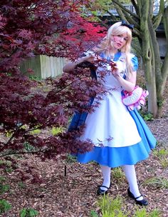 a woman dressed as alice in front of a tree with red and green leaves on it