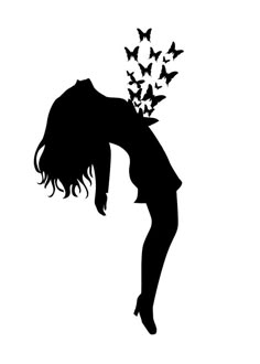 the silhouette of a woman with butterflies in her hair, bending over to look down