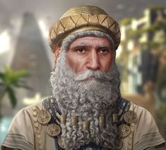 an old man with a long beard wearing a gold hat