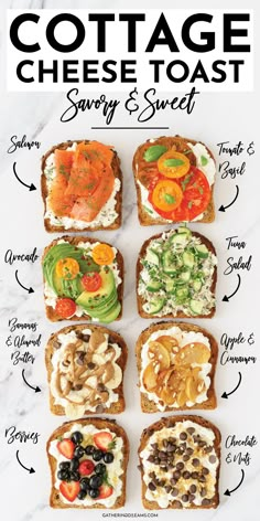 the ultimate cottage cheese toast recipe is shown with different toppings and ingredients to make it