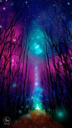 an animated scene with trees and stars in the sky