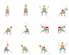 a woman doing various exercises on a chair