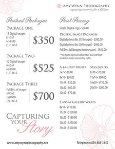 the pricing sheet for wedding photography