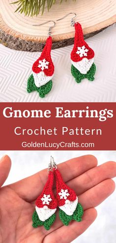 crochet christmas earrings with snowflakes on them and the words gnome earings