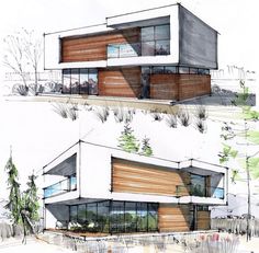 two architectural renderings of a modern house with wood and glass details on the exterior