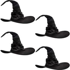 three black witches hats with long tails and large, pointed brimmed hats on them